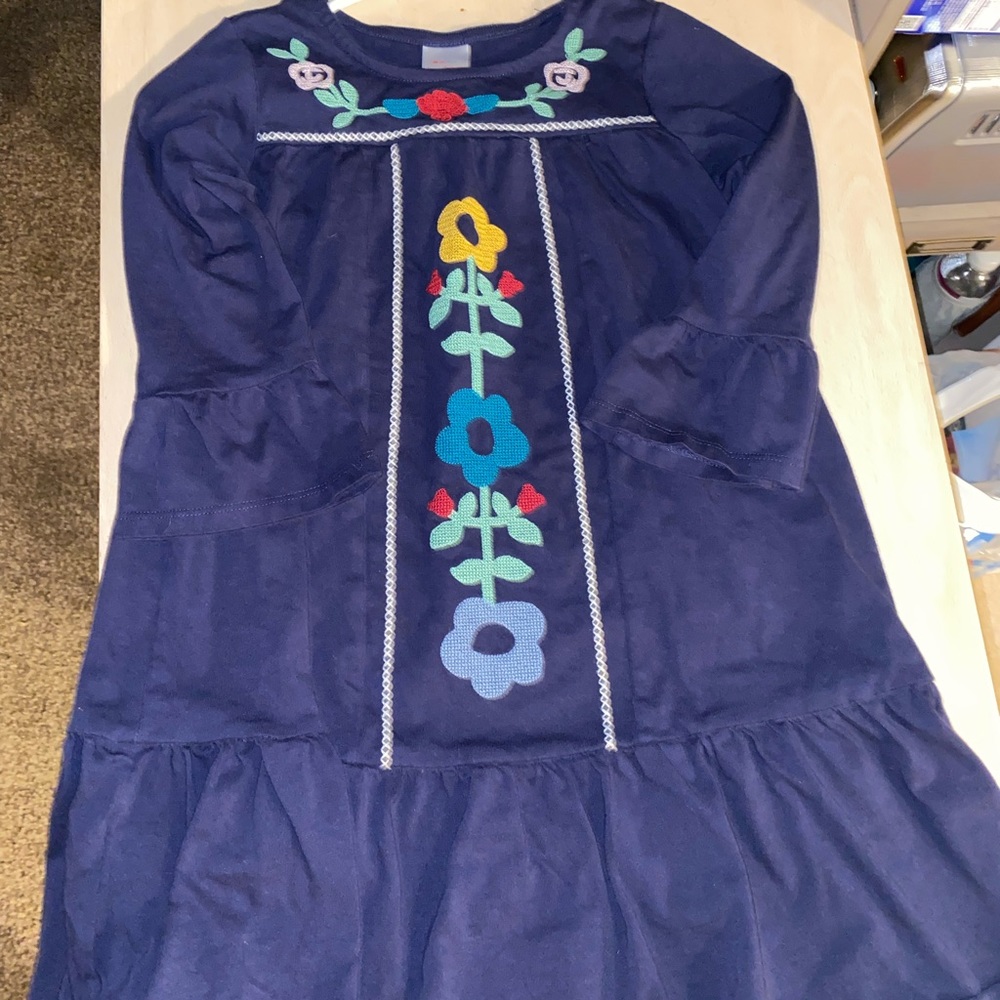 Hanna Andersson Navy Dress with Floral Embroidery Size 8 Eu 130